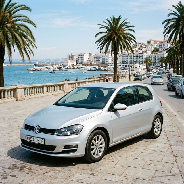 A silver Volkswagen Golf parked on a seafront promenade lined with palm trees