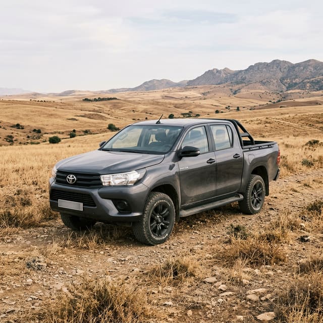 A dark grey Toyota Hilux pickup on a dry hillside track