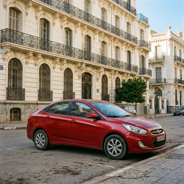 A red Hyundai Accent saloon parked in front of a cream colonial building