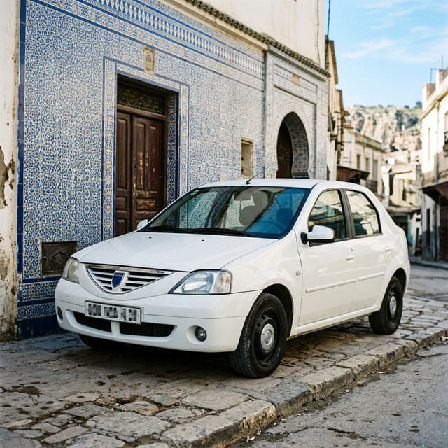 A white Dacia Logan parked on cobbles beside a blue-tiled wall