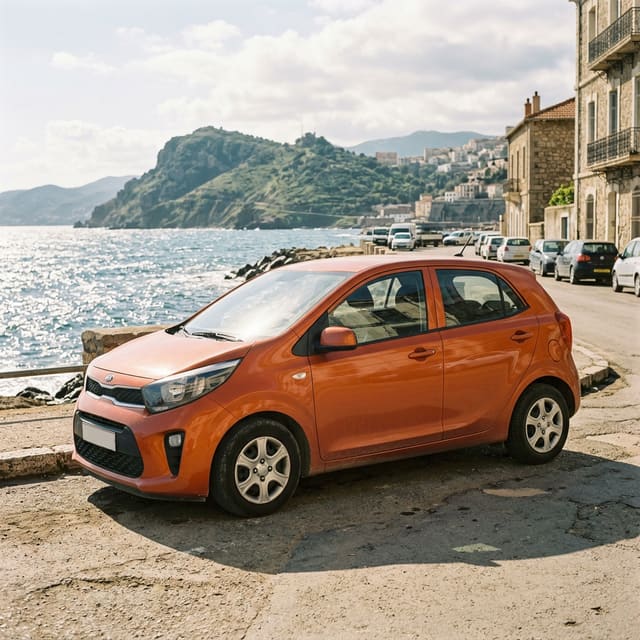 An orange Kia Picanto parked by the sea with a green headland behind